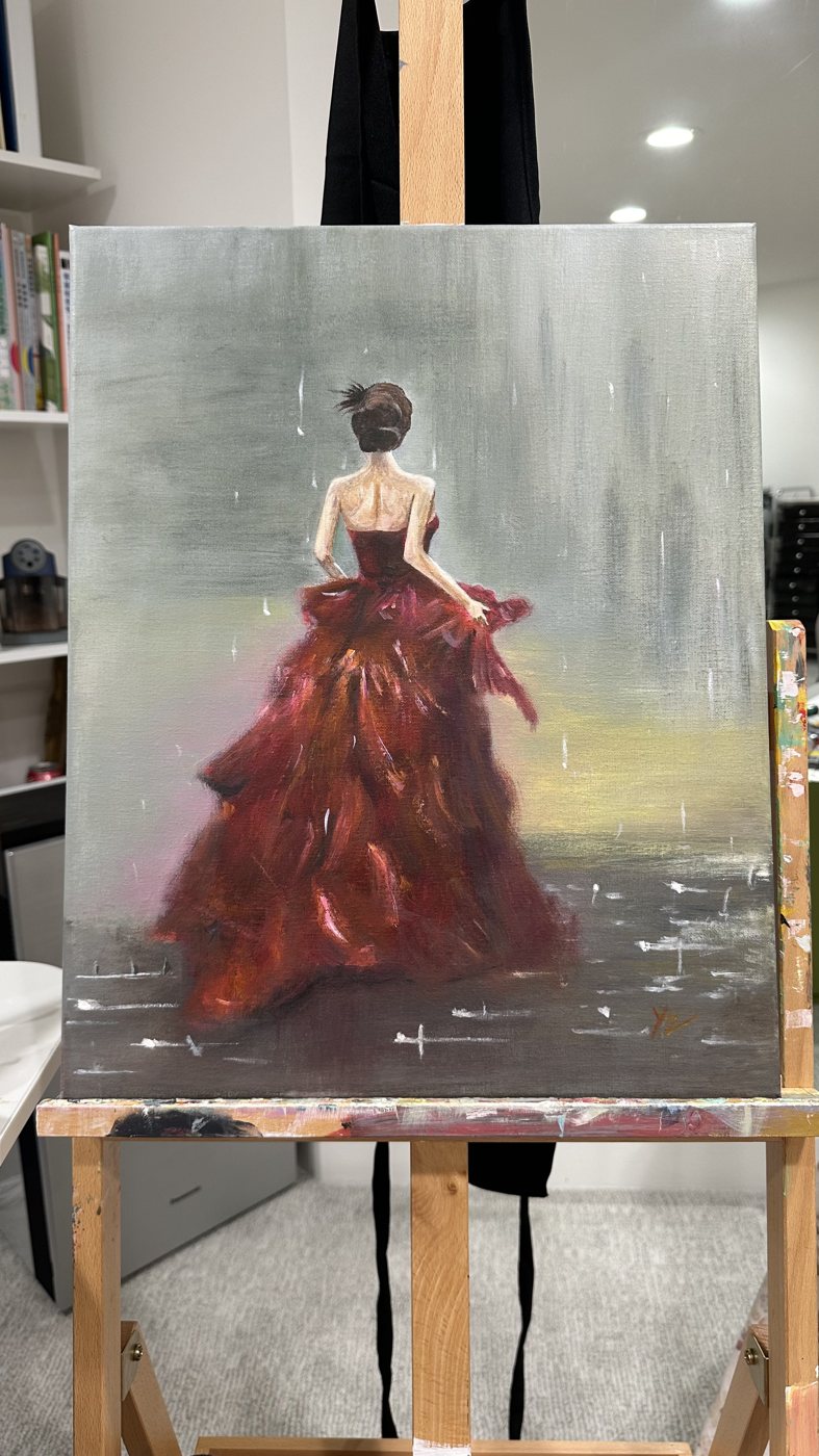Painting of a woman in a flowing red gown