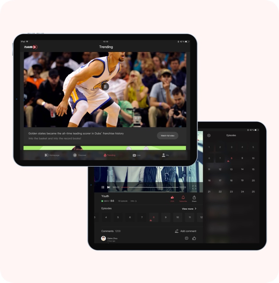 Sports video app on tablet